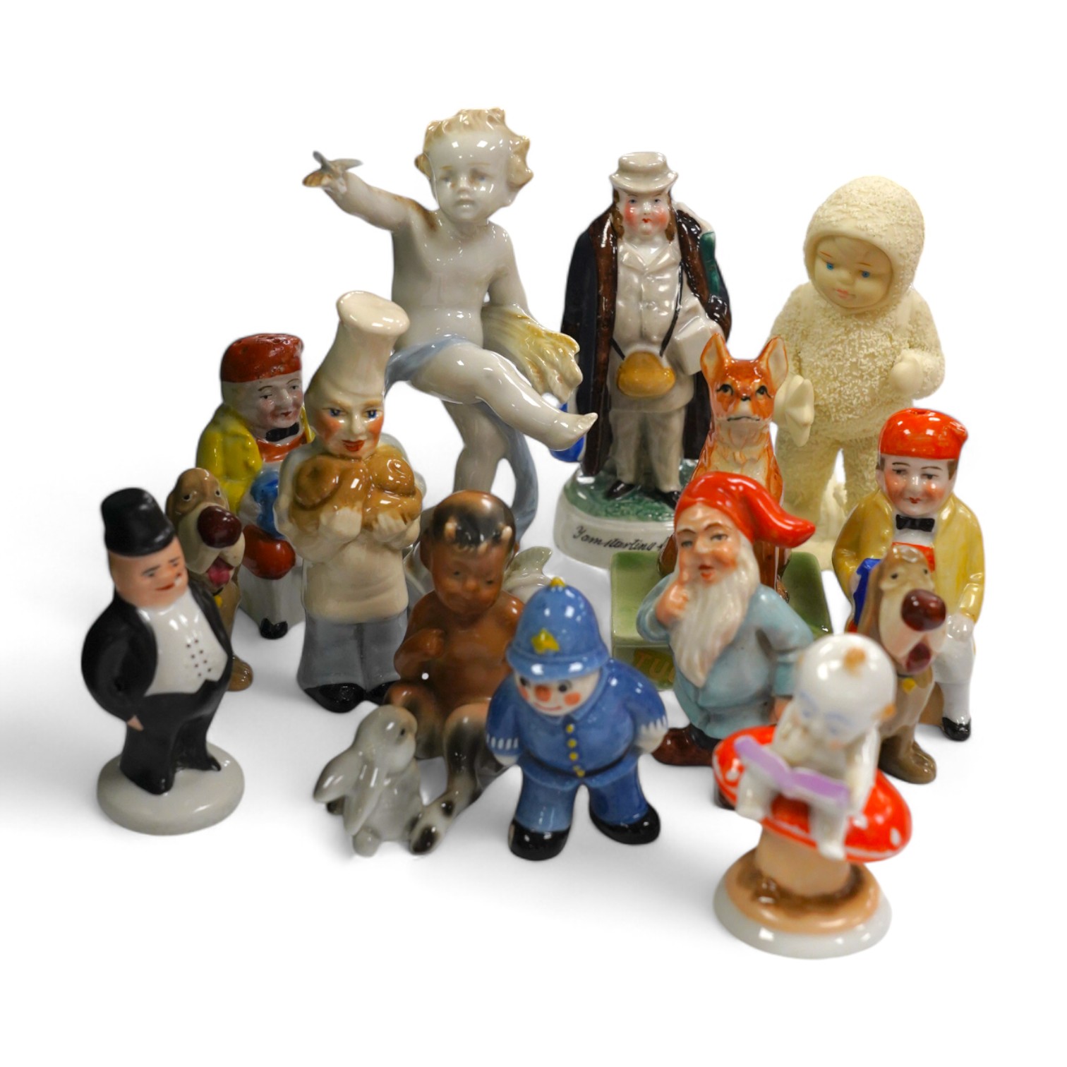 A box of small figures including Wade ceramics, Metzler & Ortloff, etc. highest 12.5cm (14). Condition - fair to good